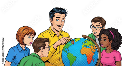 Group of young people studying geography together around a globe  