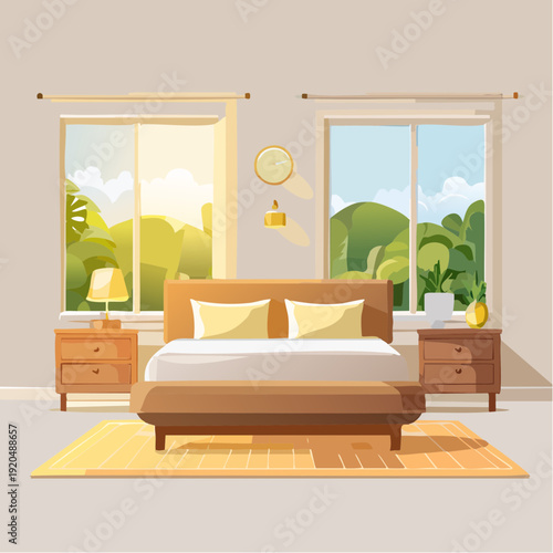 Comfortable and Modern Bedroom with Large Windows Offering Serene Green Landscape Views
