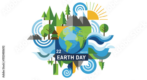 Earth Day Illustration with Globe and Greenery in Vibrant Colors on White Background for Environmental Awareness Campaign