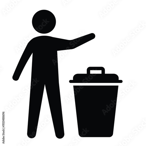 Black silhouette icon showing a person disposing of waste in a trash can with an open lid. Professional graphic for sanitation and housekeeping.