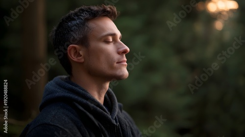 Man with eyes closed meditating peacefully in a serene forest setting with d d sunlight