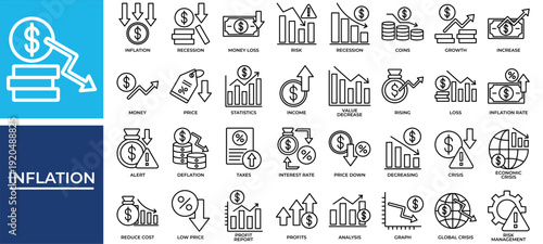 Inflation icon set collection. Containing rising, statistics, value, increase, recovery, loss, report .Line vector icons collection