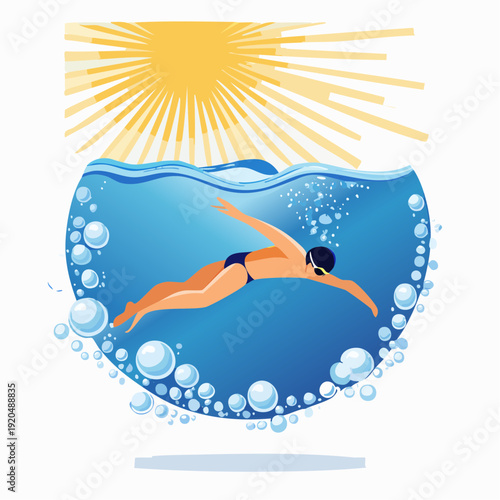 Illustration of a person swimming freestyle in bubbly water under the bright summer sun