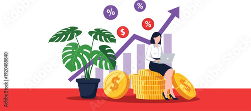 Woman Sitting on Stacks of Coins with Laptop and Growing Plants