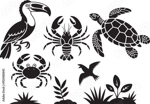 Black silhouettes of sea creatures and plants on white background