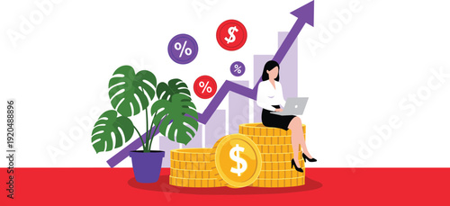 Woman Sitting on Stacks of Coins with Laptop and Plant Nearby