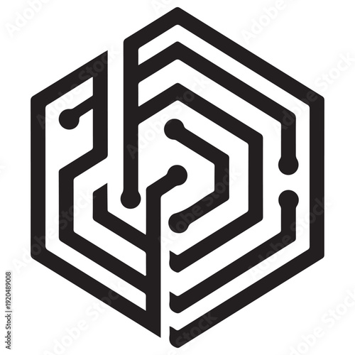 Minimalist hexagonal circuit board logo icon representing digital connectivity and technological innovation, isolated on a white background for modern branding and tech UI design.