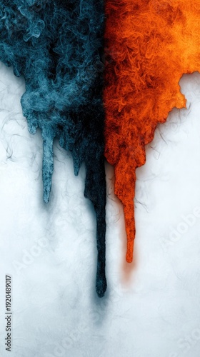 Abstract Art Contrasting Blue and Orange Particles Dripping Down a Textured White Surface with Glowing Fog Overlay