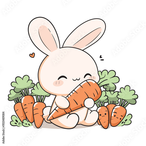 Cute bunny hugging a large carrot surrounded by fresh vegetables. Perfect for kids illustration, nursery decor and children products. Isolated illustration.
