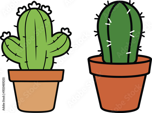 Two cartoon potted cacti with green bodies and brown terracotta pots on a white background