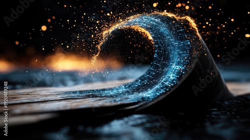 Abstract Digital Wave of Glowing Blue and Orange Data Particles Illuminated in a Futuristic Tunnel with Dark Background and Reflective Surface
