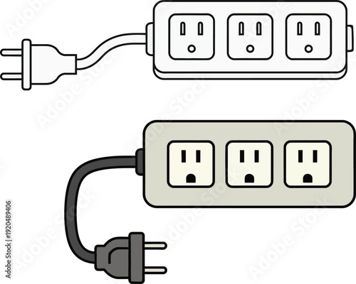 Two power strip extension cords with multiple outlets and plugs on a white background electrical
