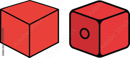 Two red cubes with black outlines one showing three sides and the other showing one face with a circle