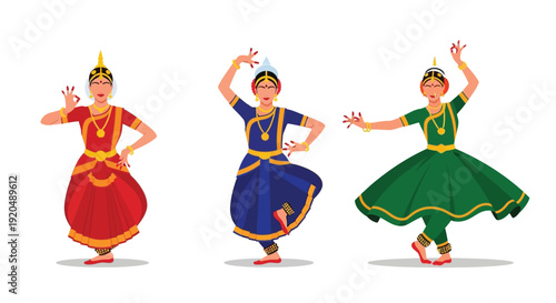 Three indian dancers in traditional attire perform a classical dance showcasing vibrant colors and graceful poses silhouette high quality professional detailed