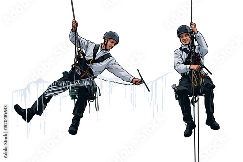 Two Cheerful High Rise Window Cleaners Suspended on Ropes Washing Glass with Squeegees on White