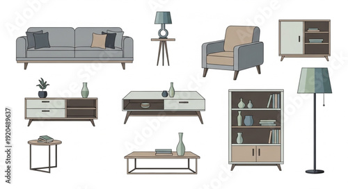 Collection of modern living room furniture items isolated on white background.