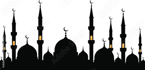 Detailed Black Mosque Silhouette Skyline with Multiple Minarets and Crescent Moons for Ramadan Kareem and Eid Mubarak Design