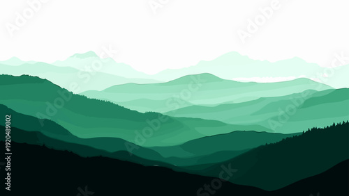 Vector Serene landscape of layered mountains in varying shades of green, evokes a sense of depth, tranquility, and natural grandeur in this minimalistic art. Design