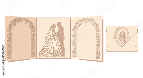An elegant beige wedding invitation card with a detailed laser cut design featuring a couple s silhouette high quality professional detailed modern stylish