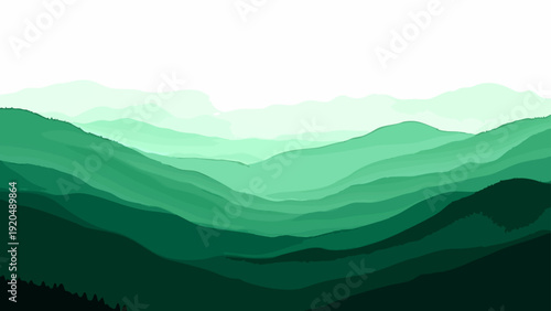 Vector Abstract layered green mountain silhouettes, creating a sense of depth, serenity, and natural beauty, evoking the vastness and the tranquility of nature's landscapes. Design