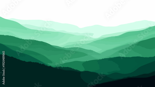 Vector Abstract green mountain layers, symbolizing depth, tranquility, and natural grandeur in a minimalist landscape, evoking a sense of calm and the beauty of the outdoors Design
