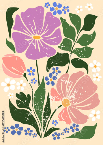 Vibrant vector illustration of pink and purple flowers with tiny blue blossoms in a retro groovy style. The grainy texture and cream background create a vintage aesthetic perfect for modern wall art, 