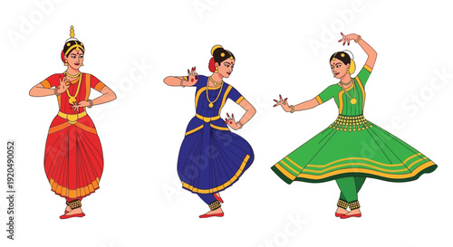 Three indian dancers depicted in traditional clothing showcasing graceful poses and vibrant colors a silhouette high quality professional detailed modern elegant