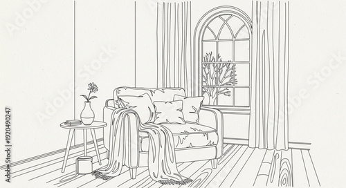 Sketch of a cozy living room with a plush sofa and large window.