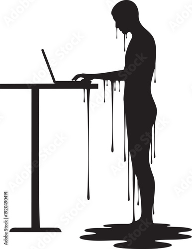 Melting Man Silhouette Working on Laptop – Digital Burnout and Technology Addiction Concept Illustration