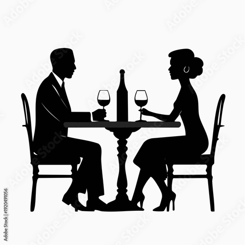 poised posture elegant romantic dinner silhouette with couple sharing wine in a refined intimate illustrated scene