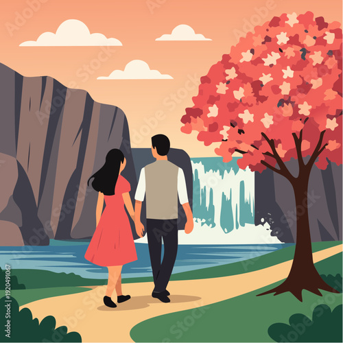 couple walks hand‑in‑hand along a winding path toward a cascading waterfall, framed by vibrant red foliage and a warm, glowing sky romantic moment suspended in nature