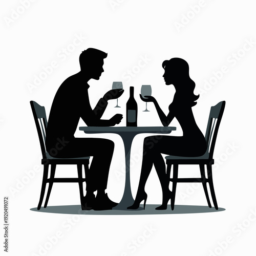 Two silhouetted figures at a small table raising wine glasses; simple shapes, warm posture,  shared bottle create an intimate, timeless scene; equal parts romantic, social, and story‑driven