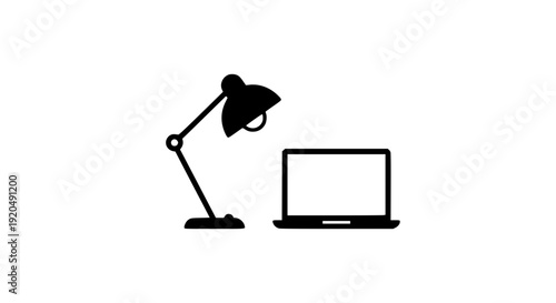 Desk lamp and laptop icon on gray background