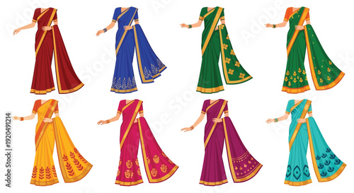 A vibrant collection of traditional saris in red blue green yellow purple and turquoise depicted as a silhouette high quality professional