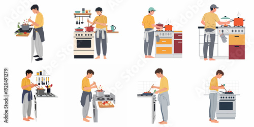 A man cooking: diverse culinary scenes showing a male chef preparing meals in various modern kitchen environments, illustrating the joy and process of home cooking.