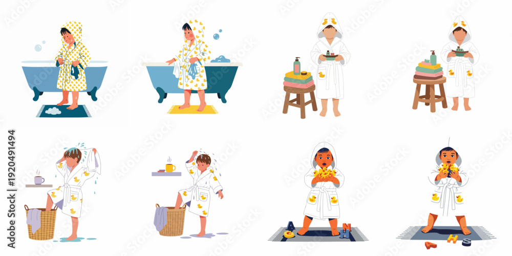 Fototapeta premium Children's Bath Time Routine: A collection of delightful moments with kids in duck-patterned bathrobes, from bathing to playing.