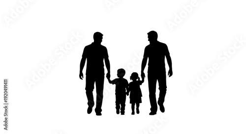 Family Stroll in Silhouette: A heartwarming silhouette captures a moment of family bonding, featuring two fathers leading their children, a symbol of love, togetherness, and shared journey.
