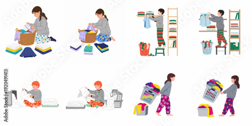 Children engaging in various laundry tasks: folding clothes, organizing wardrobes, and carrying laundry baskets, demonstrating household chores and responsibilities.