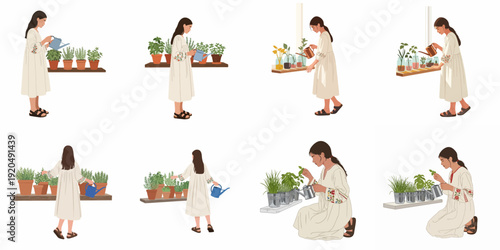Woman tending to indoor herbs and houseplants, illustrating home gardening, plant care, and propagation in a calming lifestyle setting.
