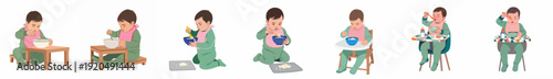 Adorable baby learning to self-feed, exploring food with spoons and hands in various stages of independent eating and early childhood development.