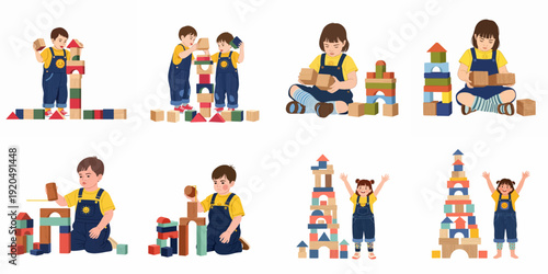 Children playing with colorful wooden building blocks, fostering creativity, imagination, and early learning through engaging constructive playtime activities.