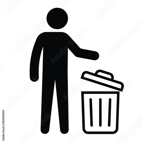 Black silhouette icon showing a person disposing of waste in a trash can with an open lid. Professional graphic for sanitation and housekeeping.