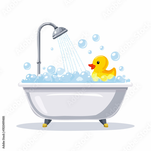Cheerful cartoon illustration of a bubbling bathtub with a shower and a cute rubber duck, symbolizing cleanliness, relaxation, and playful childhood moments