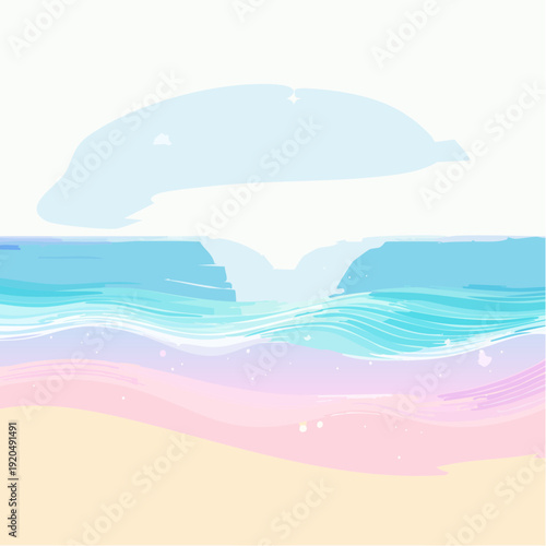 A minimalist illustration of a dolphin jumping out of the ocean waves onto a serene beach