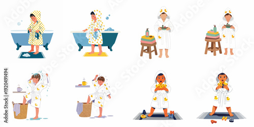 Children's Bath Time Routine: A collection of delightful moments with kids in duck-patterned bathrobes, from bathing to playing.