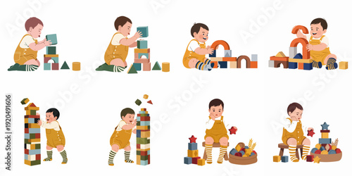 Adorable infants engaged in various stages of playful interaction with colorful wooden blocks, showcasing early childhood development, learning, and creative building skills.