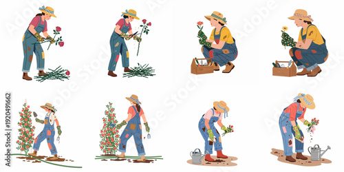 Dedicated Female Gardener Tending Roses and Flowers: A Collection of Gardening Activities from Pruning to Cultivation.