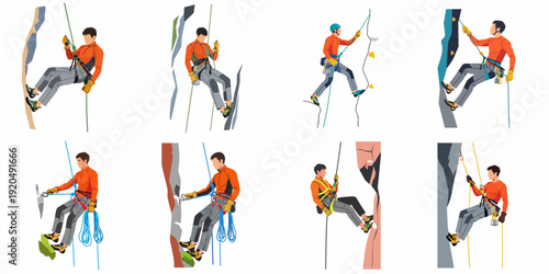 Illustrations of a man engaged in various rock climbing and rappelling activities, demonstrating different techniques and safety gear for adventure sports.
