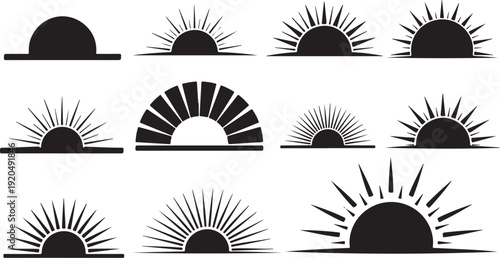Collection of black sun and sunrise icons and symbols
