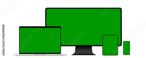 Isolated modern device mockups on a white background, perfect for showcasing your designs. Featuring smartphone, tablet, laptop, and desktop computer. Stock vector illustration, royalty-free.
